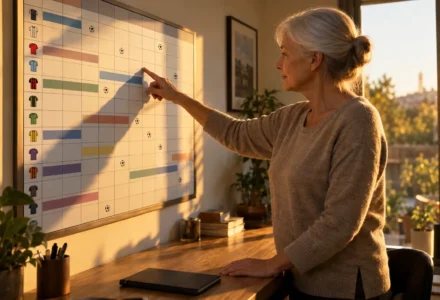 Une femme âgée pointe du doigt un tableau blanc d’organisation des transferts sur un mur dans un bureau lumineux.