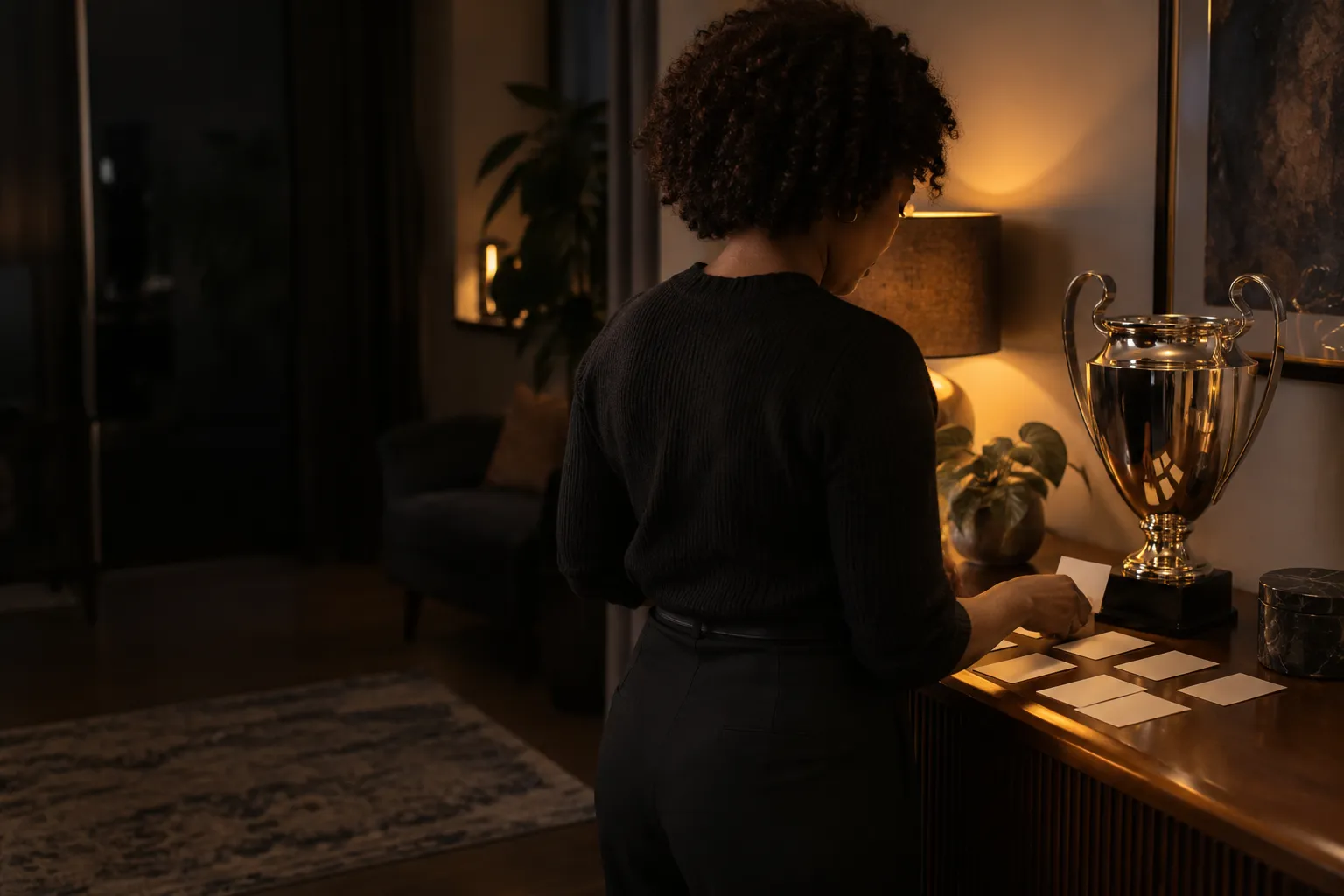 Une femme tourne le dos et écrit des notes sur une surface près d’un grand trophée posé sur une console.