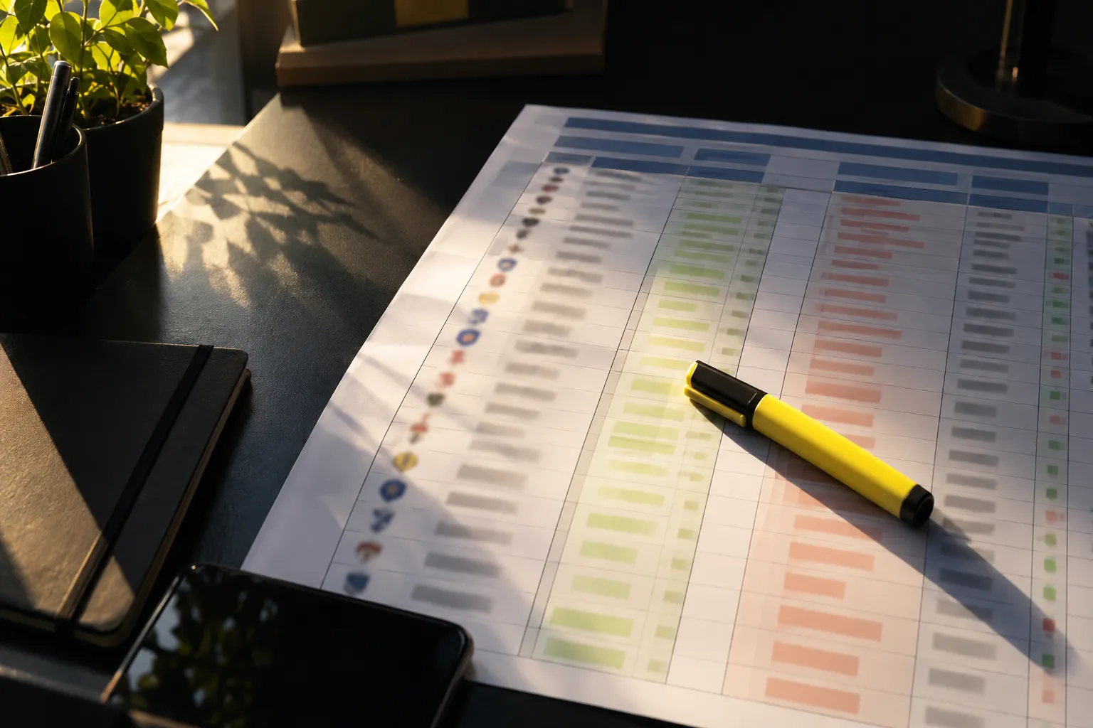 Une feuille imprimée avec un tableau de couleurs et un surligneur jaune posé dessus.