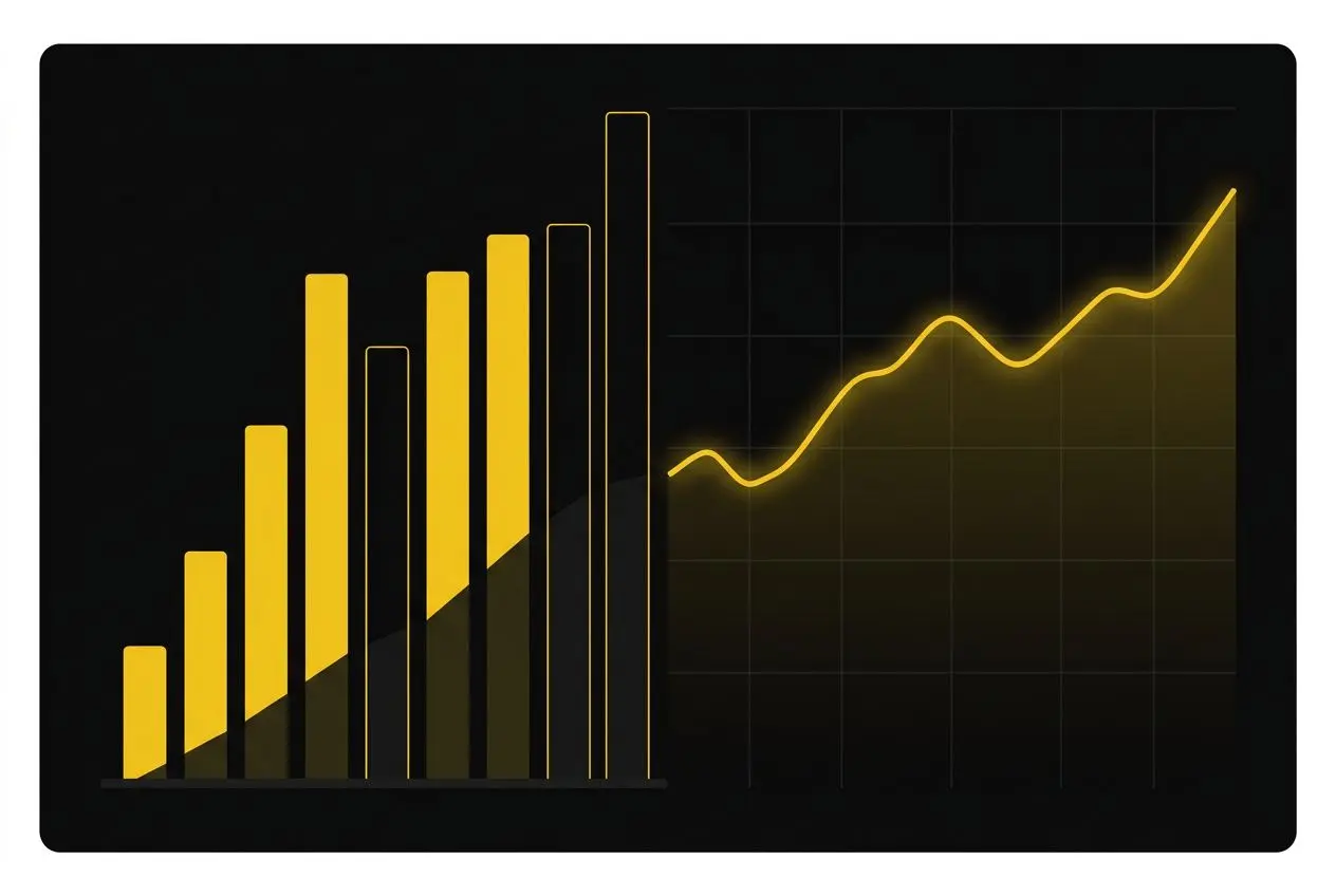 Graphique financier avec barres jaunes et courbe ascendante sur fond noir, illustrant une progression des gains. intégrer naturally: "comment bien miser sur betclic" in context: "Graphique illustrant comment bien miser sur betclic et optimiser les gains"