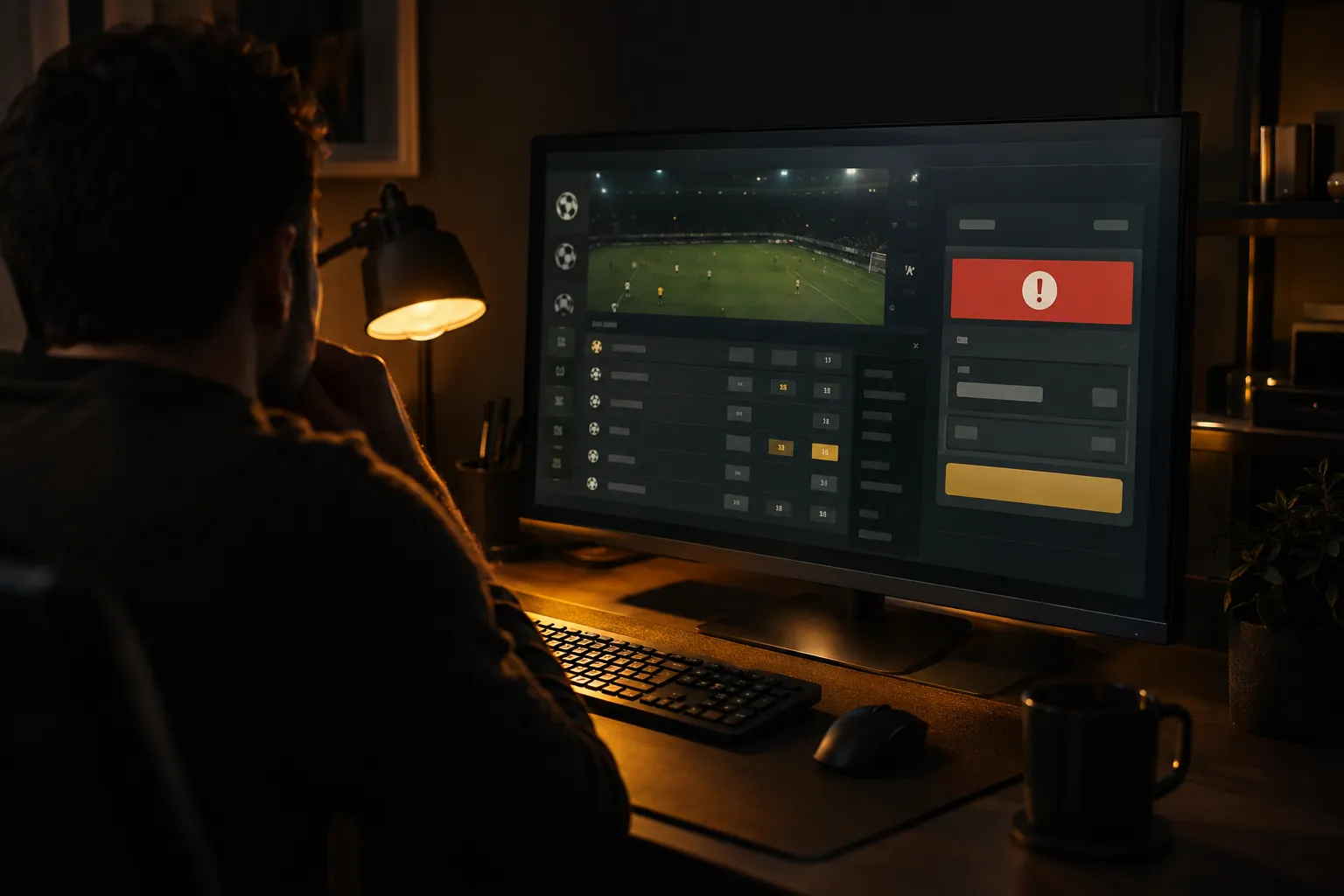Un homme assis devant un grand écran d’ordinateur affichant une interface de jeu en ligne et une alerte rouge.