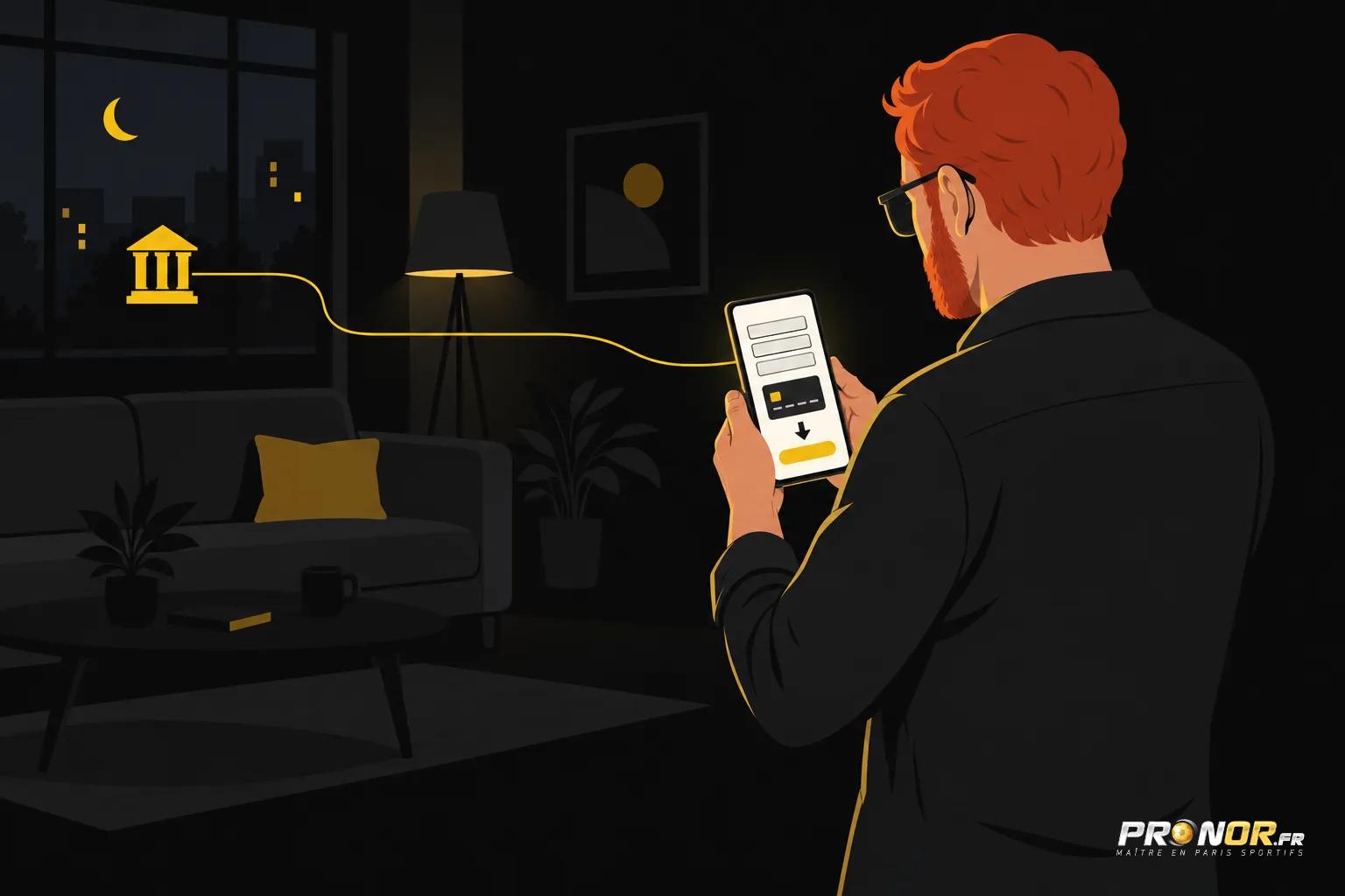 Un homme brun portant des lunettes, vu de dos, regarde son téléphone dans un intérieur sombre avec un symbole d’institution