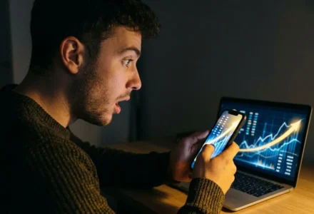 Homme regardant son téléphone et un graphique en hausse sur un ordinateur portable, évoquant le gain de 900 000 euros sur Betclic.
