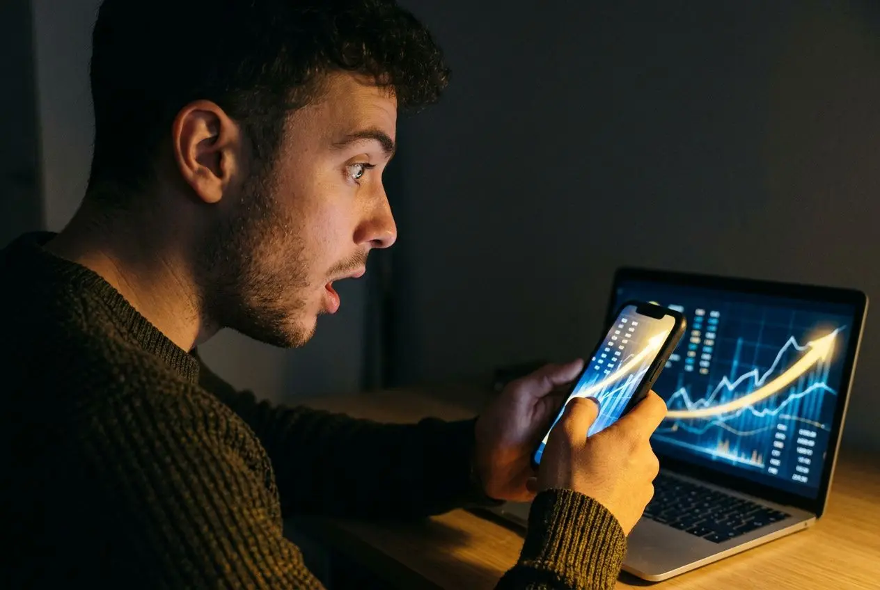 Homme regardant son téléphone et un graphique en hausse sur un ordinateur portable, évoquant le gain de 900 000 euros sur Betclic.