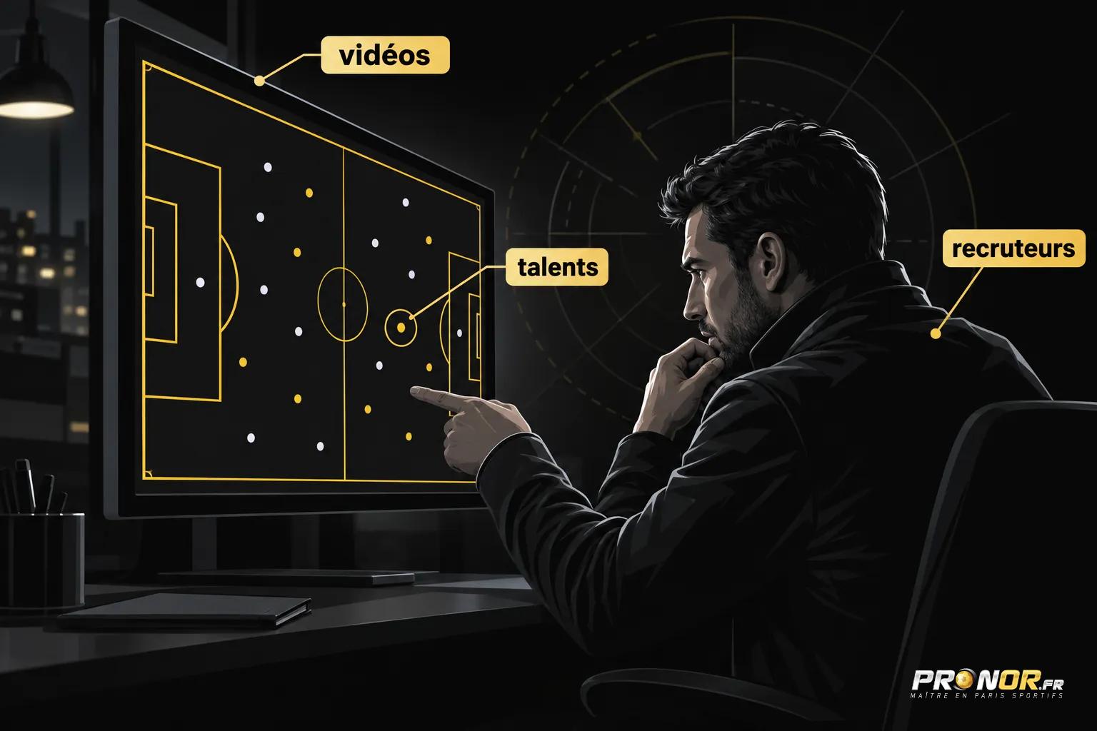 Un homme regarde un écran affichant un schéma tactique de football avec des étiquettes „vidéos“, „talents“ et „recruteurs“.