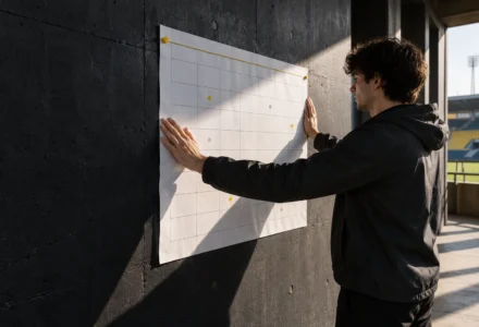 Un homme regarde une grande feuille imprimée fixée avec des épingles sur un mur; il place ses mains sur le panneau.