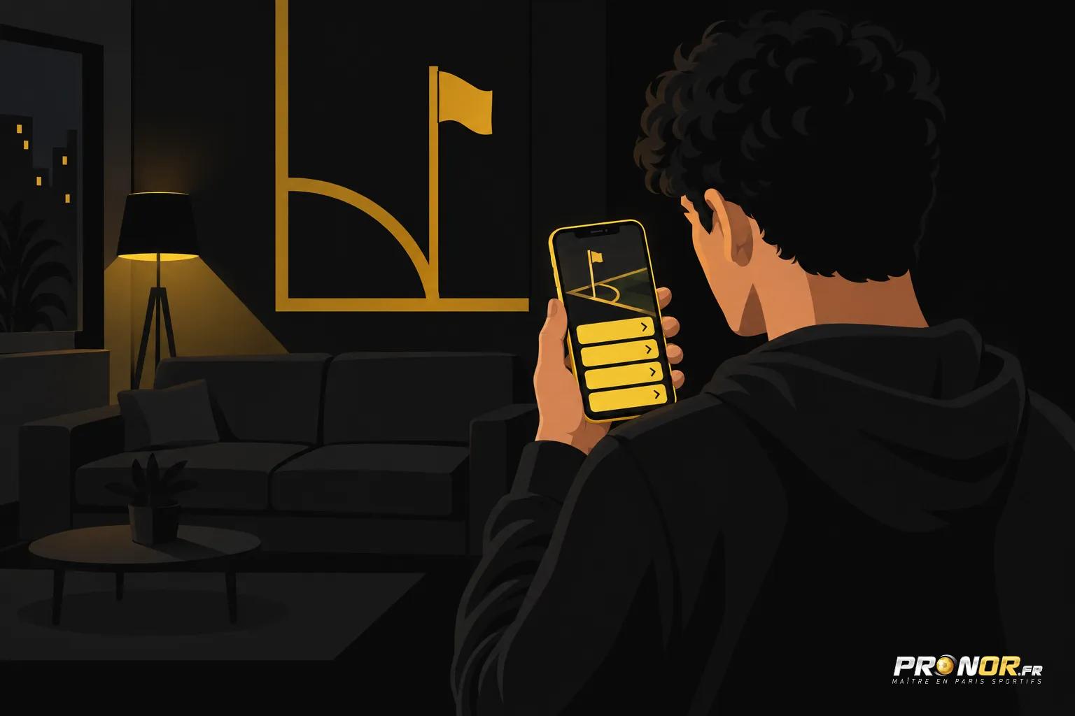Un homme tient un téléphone montrant une interface de paris sur les corners devant un salon sombre.
