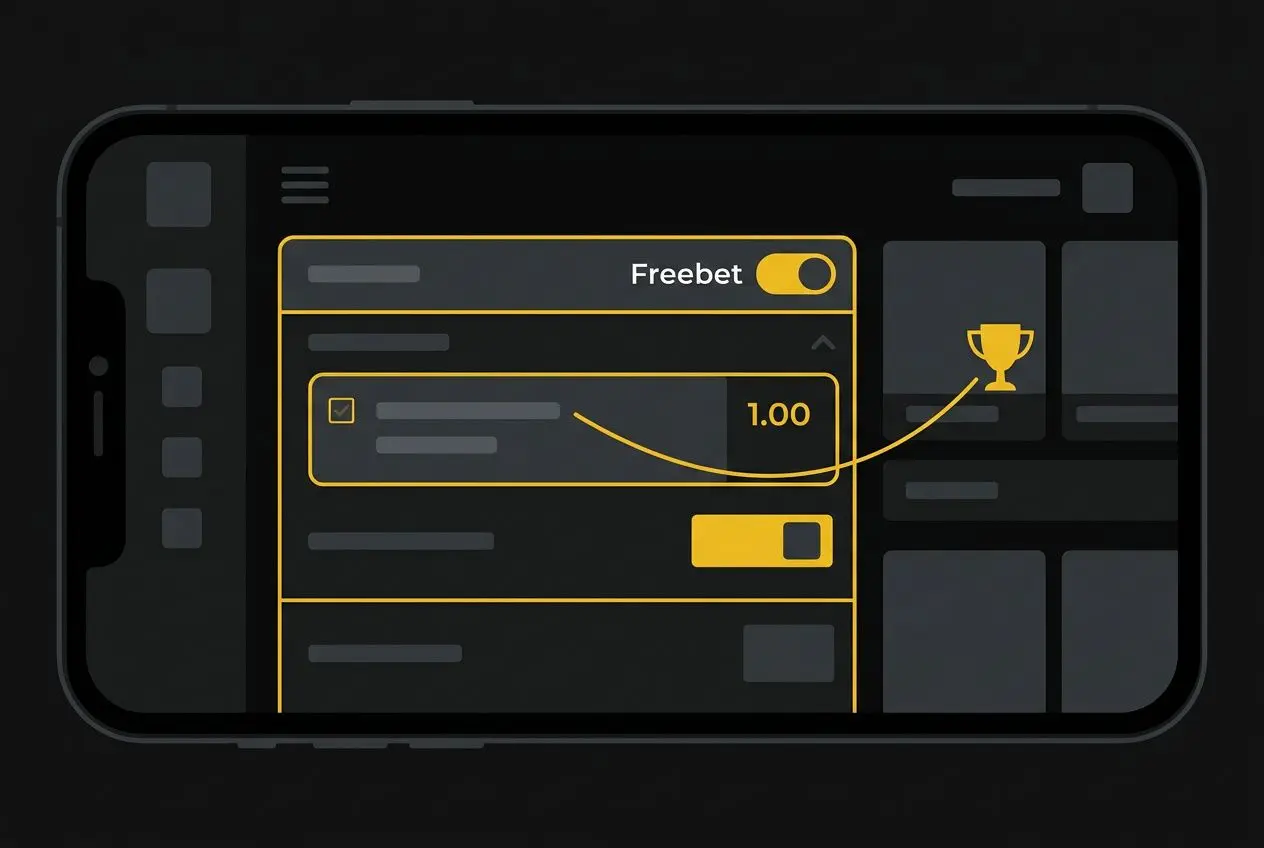 Interface d’application de paris sportifs sur téléphone, écran noir et contours jaunes, icône de trophée et bouton Freebet visible.