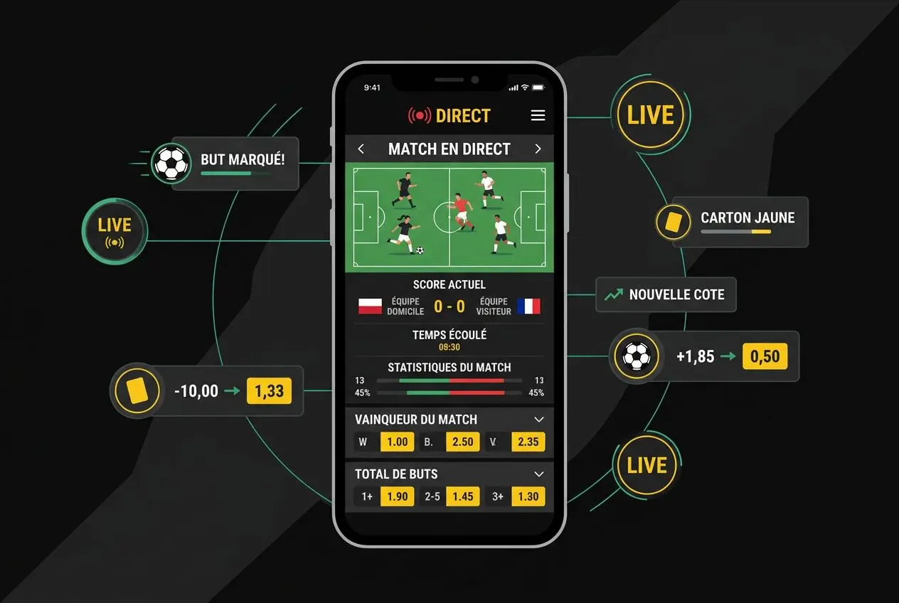 Interface de paris en direct sur smartphone, présentant des cotes et options live autour du match, avec éléments graphiques et boutons de pari. Intègre subtilement le mot-clé: bwin ou betclic comparaison.