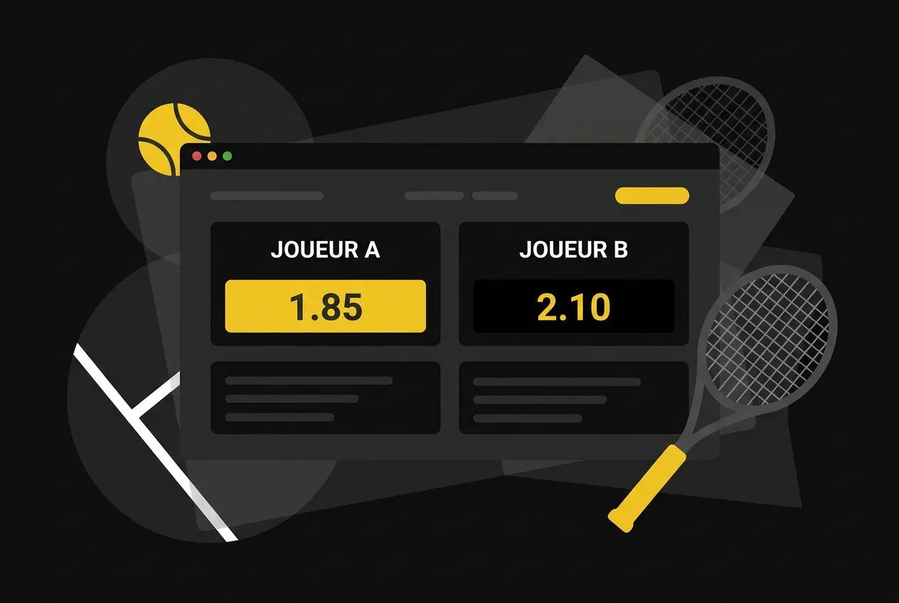 Interface de paris tennis montrant les cotes 1.85 et 2.10 pour Joueur A et Joueur B, entourée d’équipements (raquettes, balle). comment gagner au tennis paris sportif intégré naturellement.