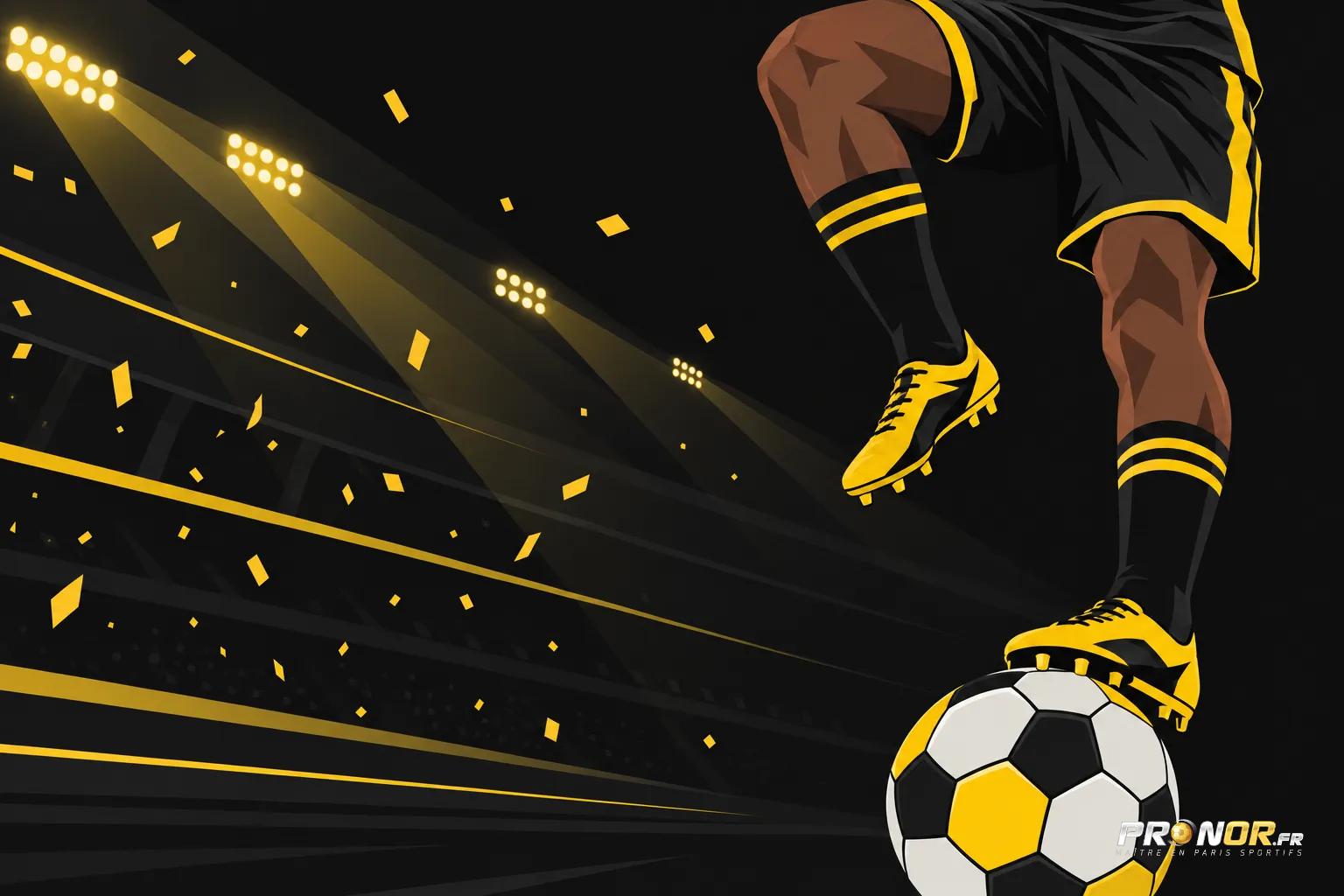 Un joueur de football en noir et jaune contrôle un ballon sur fond noir avec des projecteurs et des confettis jaunes.