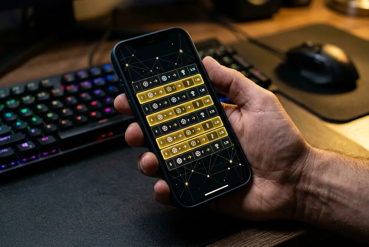 Main sujet : un téléphone affichant des combinaisons de paris sur écran lumineux, posé dans une main devant un clavier et une souris d’ordinateur. Le style évoque des interfaces de paris et des graphiques, avec des éléments dorés et des symboles de mises. Inclure le mot-clé de manière naturelle: comment fonctionnent les systèmes sur winamax.