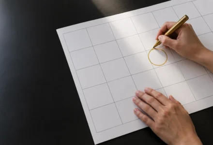 Une main trace un cercle sur un grand calendrier blanc posé sur une table sombre.
