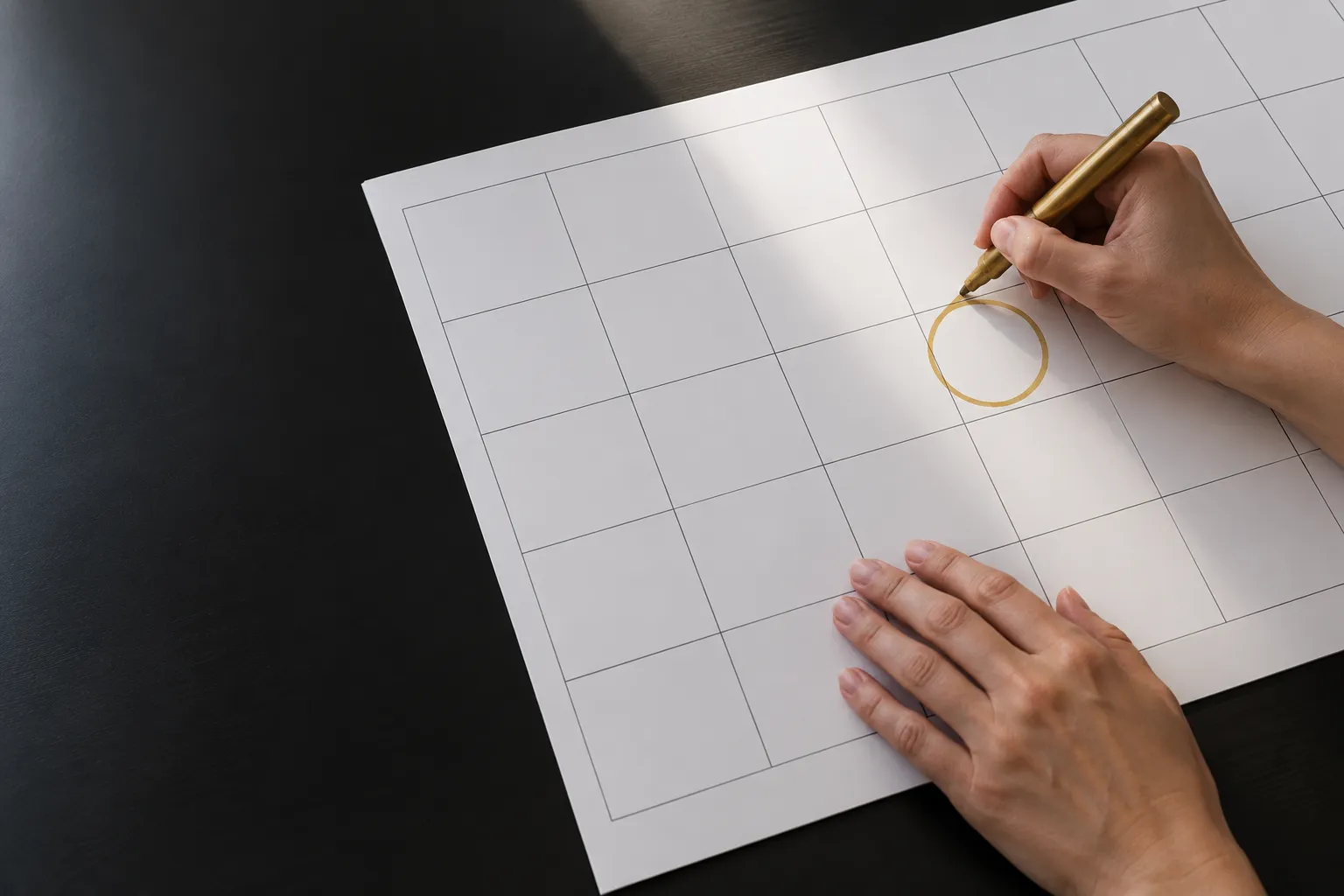 Une main trace un cercle sur un grand calendrier blanc posé sur une table sombre.