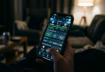 Personne tenant un smartphone affichant des paris sportifs en direct sur Betclic, avec des cotes et résultats visibles. comment parier sur betclic et gagner s’intègre naturellement.