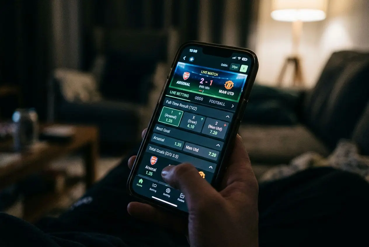 Personne tenant un smartphone affichant des paris sportifs en direct sur Betclic, avec des cotes et résultats visibles. comment parier sur betclic et gagner s’intègre naturellement.