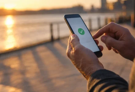 Une personne tient un smartphone montrant une coche verte à l’écran, au bord d’un quai au coucher du soleil.