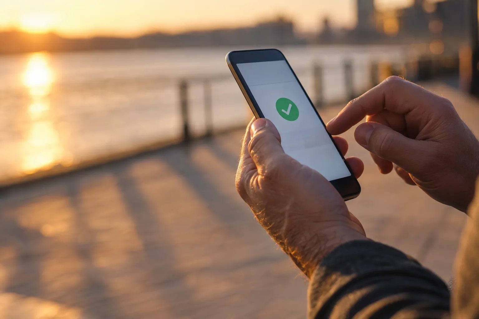 Une personne tient un smartphone montrant une coche verte à l’écran, au bord d’un quai au coucher du soleil.