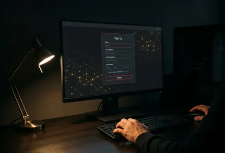 Personne utilisant un ordinateur de bureau dans une pièce sombre, écran affichant une interface d’inscription “Sign Up” sur fond graphique, lampe de bureau à gauche. Intégration du mot-clé: comment parier sur betclic.