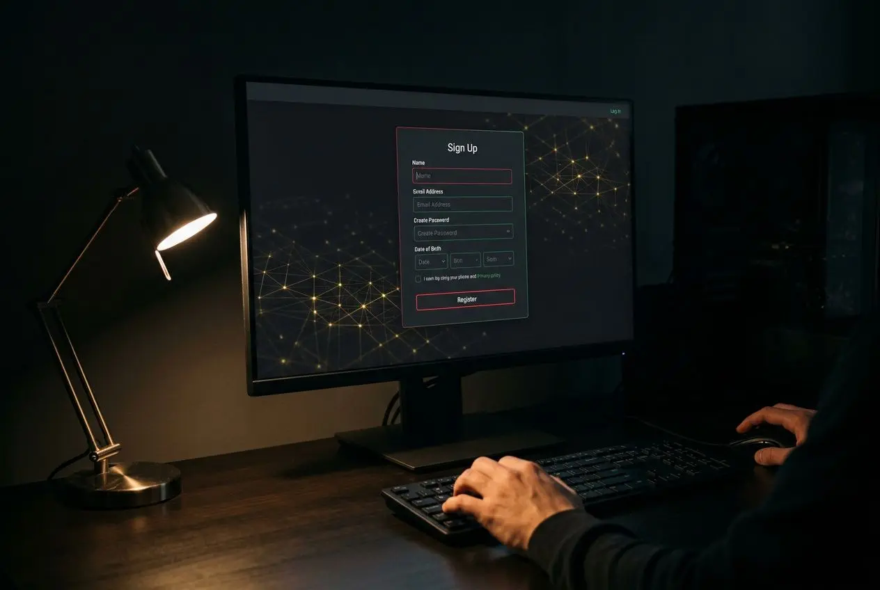 Personne utilisant un ordinateur de bureau dans une pièce sombre, écran affichant une interface d’inscription “Sign Up” sur fond graphique, lampe de bureau à gauche. Intégration du mot-clé: comment parier sur betclic.