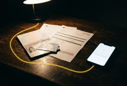Pièces justificatives et smartphone sur une table, lumière chaude, prêt à effectuer la betclic confirmation compte après inscription.