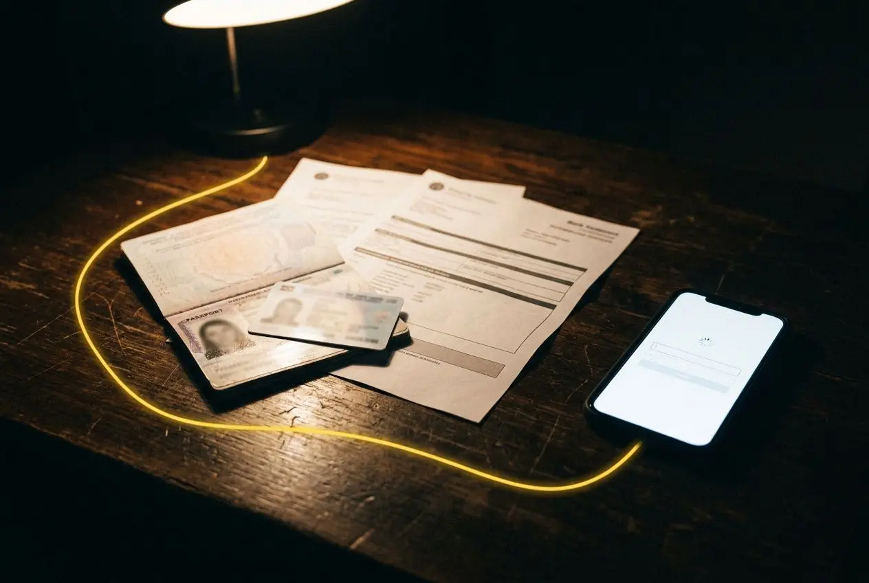 Pièces justificatives et smartphone sur une table, lumière chaude, prêt à effectuer la betclic confirmation compte après inscription.