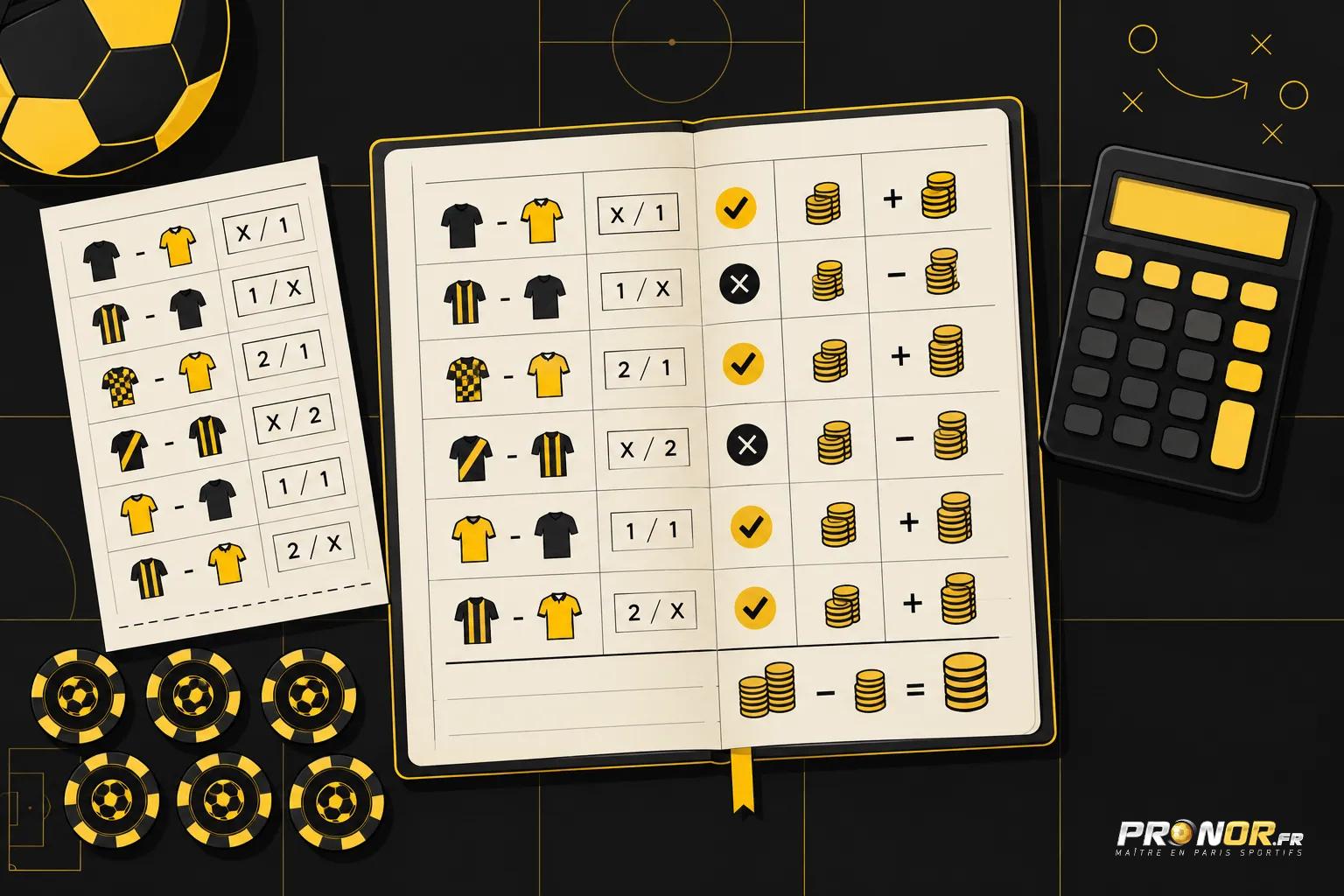 Planchettes et jetons autour d’un carnet ouvert affichant des calculs et des icônes de vêtements sportifs et pièces de