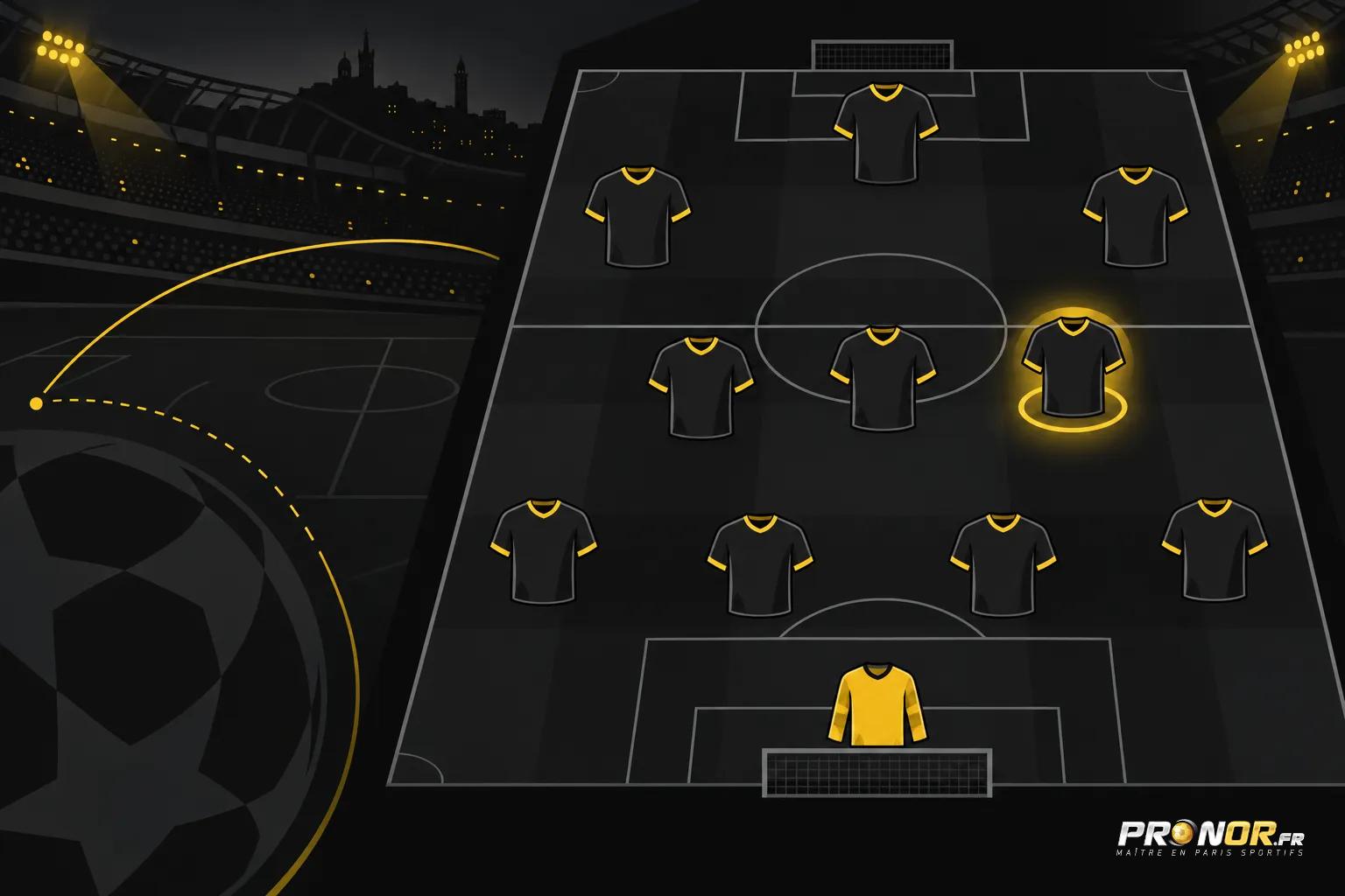 Position d’équipe de football sur un terrain de stade noir avec des maillots noirs et un maillot jaune comme gardien,