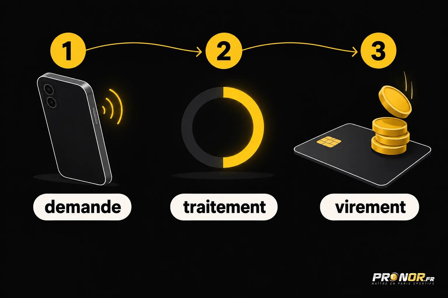 Un smartphone à gauche, puis un cercle lumineux au centre et une carte bancaire avec des pièces à droite, illustrant les
