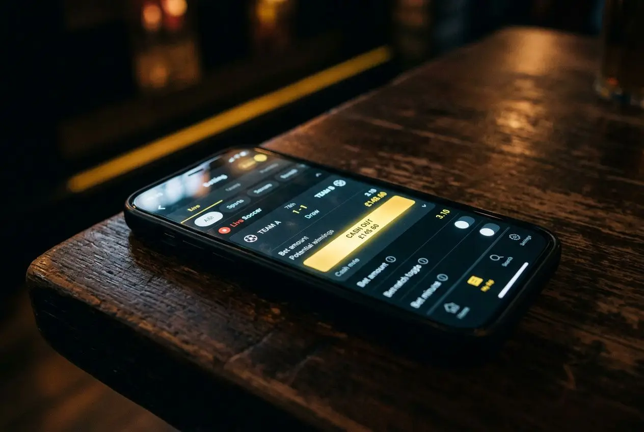 Smartphone affichant une application de paris sportifs en mode sombre, posé sur une table en bois. comment bien miser sur betclic dans l’interface.