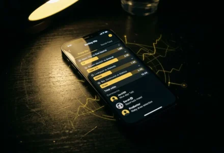 Smartphone affichant une interface de paris sportifs en mode sombre, posé sur une table noire avec des graphiques lumineux en arrière-plan. texte: "comment copier un pari sur betclic" intégré naturellement dans la description.
