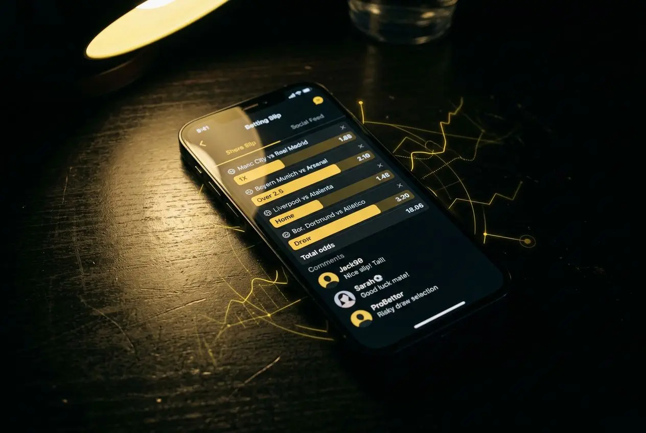 Smartphone affichant une interface de paris sportifs en mode sombre, posé sur une table noire avec des graphiques lumineux en arrière-plan. texte: "comment copier un pari sur betclic" intégré naturellement dans la description.