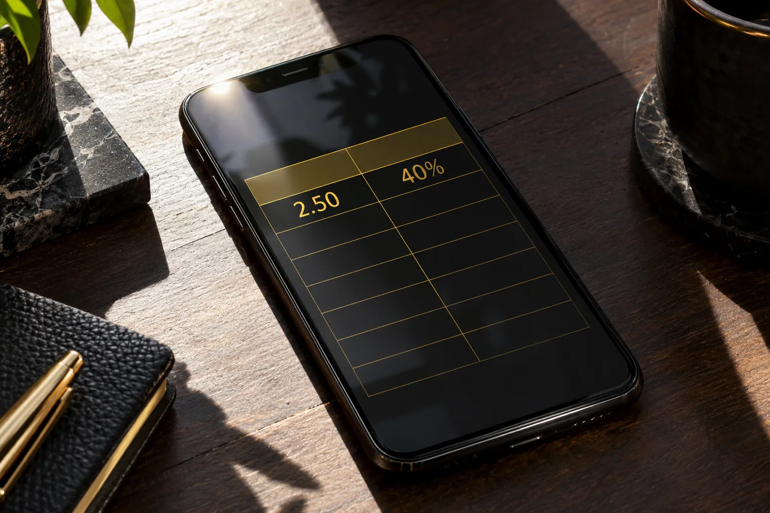 Un smartphone posé sur une table affiche des cotes et une probabilité en format noir et doré.