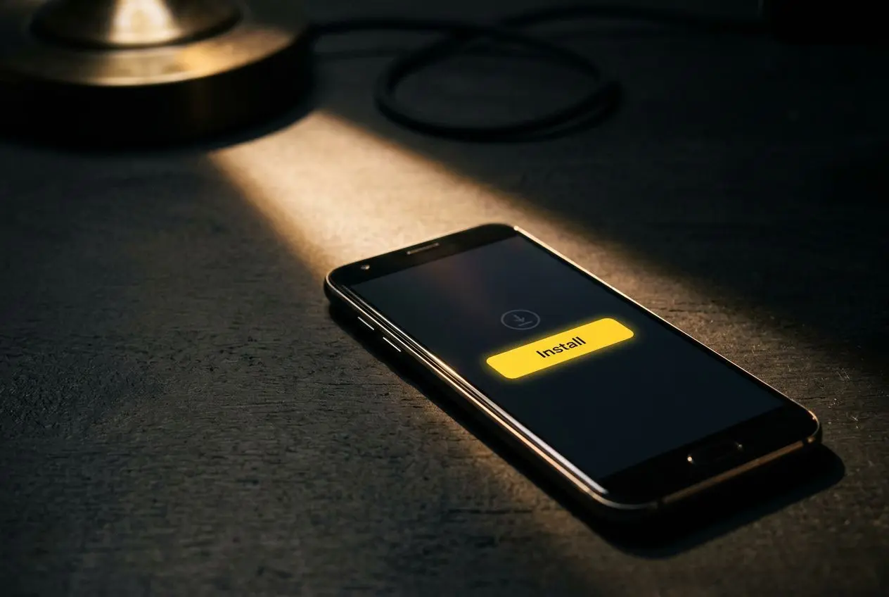Smartphone posé sur une table avec le bouton Install affiché à l’écran, éclairage dramatique. Betclic se connecter peut être facilité via l’appareil.