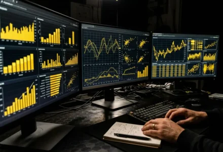 Tableaux de données et graphiques en jaune sur trois écrans, analyste prenant des notes pour des pronostics sportifs et paris. meilleur site de pronostic pour les paris sportifs intégré de manière fluide.