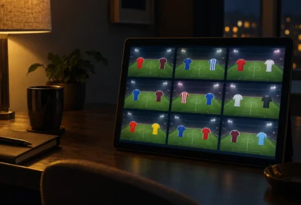 Tablette affichant plusieurs écrans de matches de football avec différentes maillots sur chaque présentation.