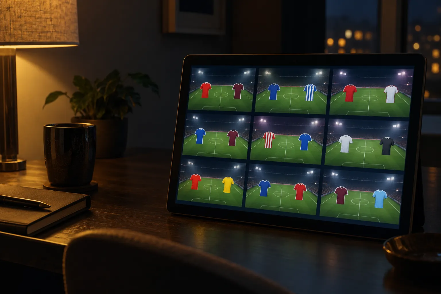 Tablette affichant plusieurs écrans de matches de football avec différentes maillots sur chaque présentation.