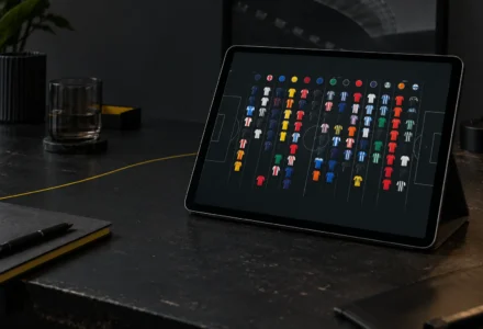 Une tablette posée sur un bureau affiche de nombreux maillots de football colorés disposés sur un terrain virtuel.