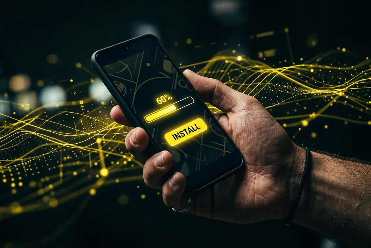 Téléphone affichant le bouton « INSTALL » pour télécharger l'application Betclic sport sur Android, avec des effets lumineux autour.