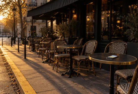 Une terrasse de café à l’extérieur avec des tables et des chaises alignées le long du trottoir au coucher du soleil.