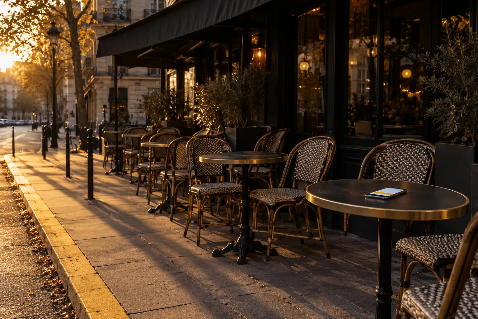 Une terrasse de café à l’extérieur avec des tables et des chaises alignées le long du trottoir au coucher du soleil.