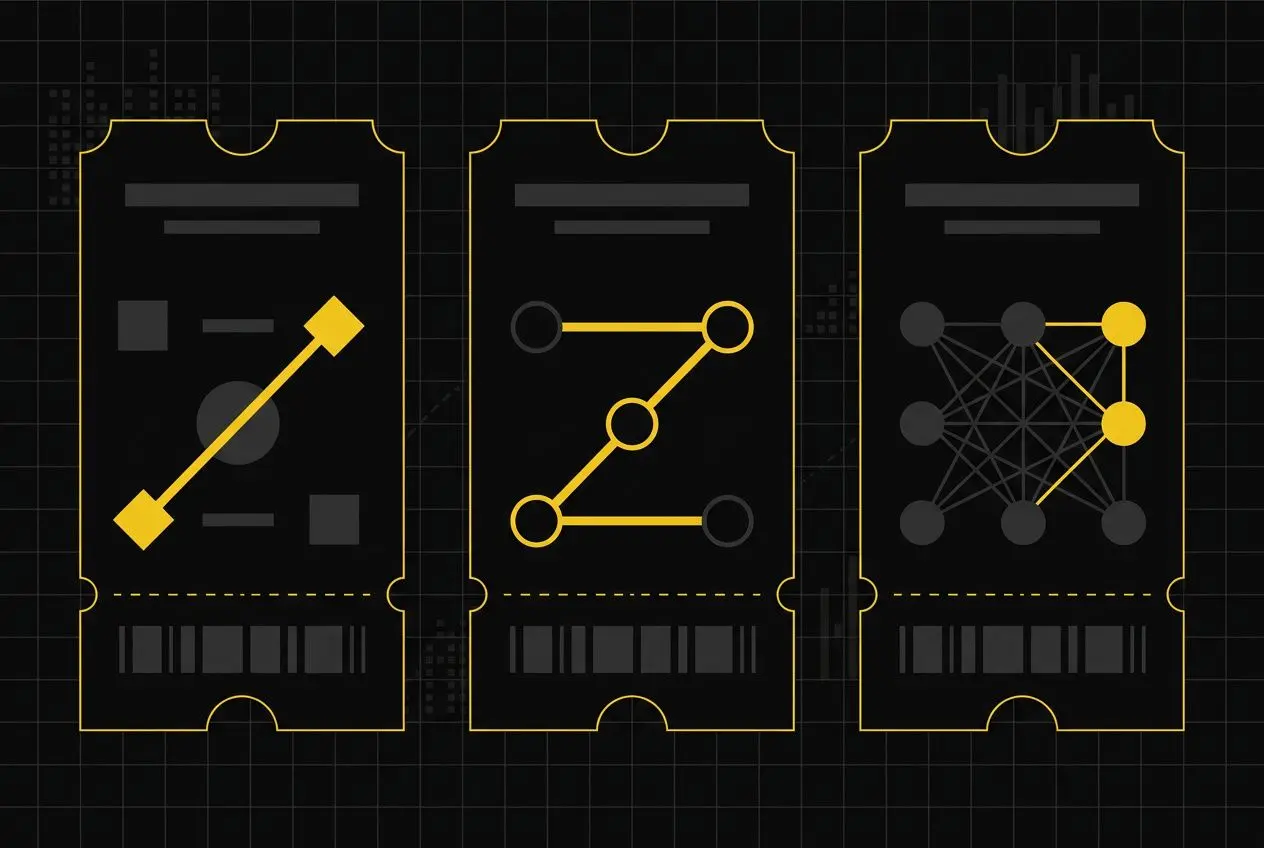 Trois billets illustrant des concepts de mouvement et de connectivité, avec des lignes et cercles jaunes sur fond noir.