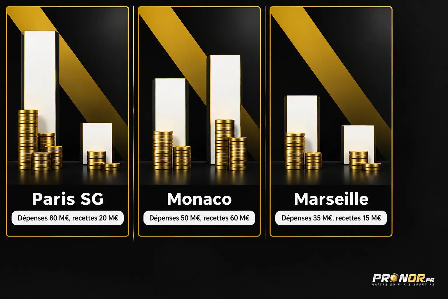 Trois cartes montrant des piles de pièces d’or et des graphiques simples avec les noms Paris SG, Monaco et Marseille.