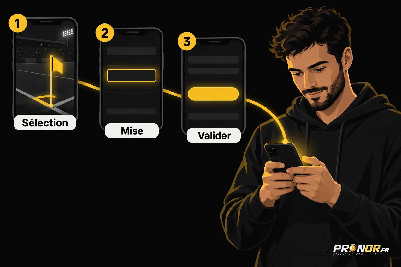 Trois étapes illustrées montrant une personne utilisant son smartphone pour sélectionner, miser et valider une mise sur