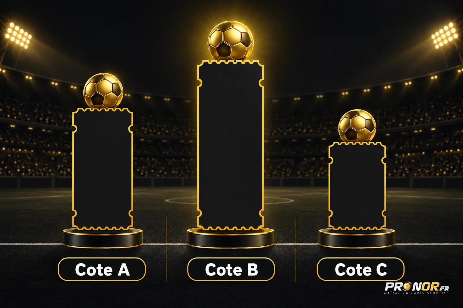 Trois podiums noirs avec des ballons dorés surmontent les bases, indiquant les cotes A, B et C dans une ambiance de stade.