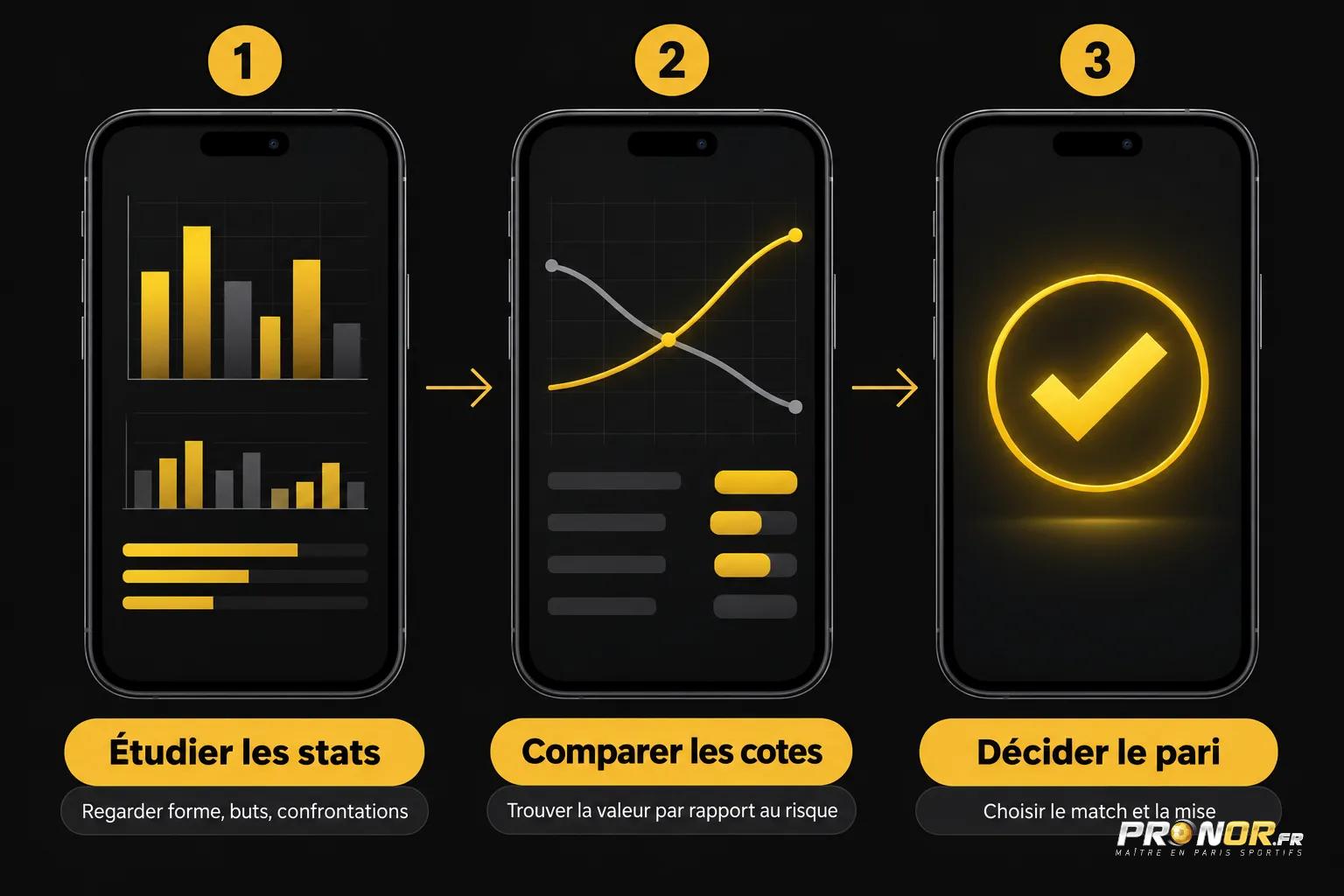 Trois smartphones montrent une progression: d’abord des graphiques et statistiques, puis un graphique avec une courbe et une