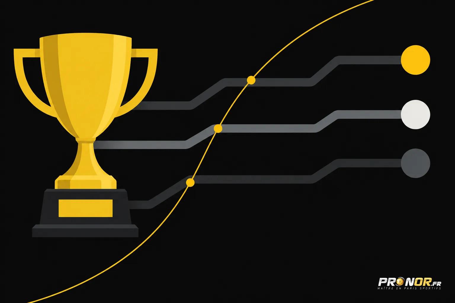 Trophée doré devant un graphique de progression avec trois lignes horizontales et trois points marquant le parcours.