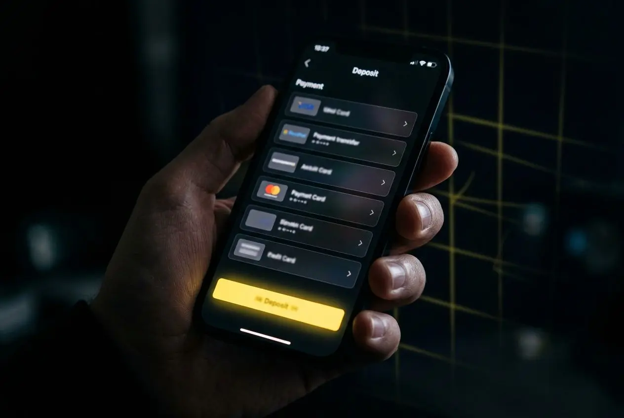 Utilisateur effectuant un dépôt sur son smartphone, avec des options de paiement visibles à l'écran. Incorporer naturellement le mot-clé: comment parier sur betclic.