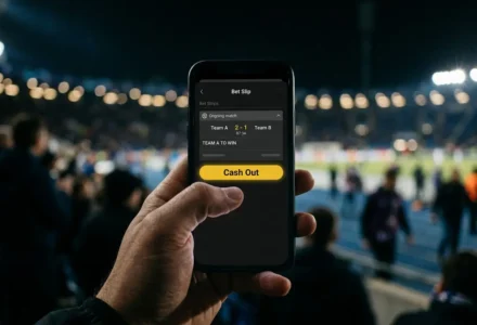 Utilisateur sur un smartphone affichant l’option Cash Out Betclic lors d’un match en direct au stade.