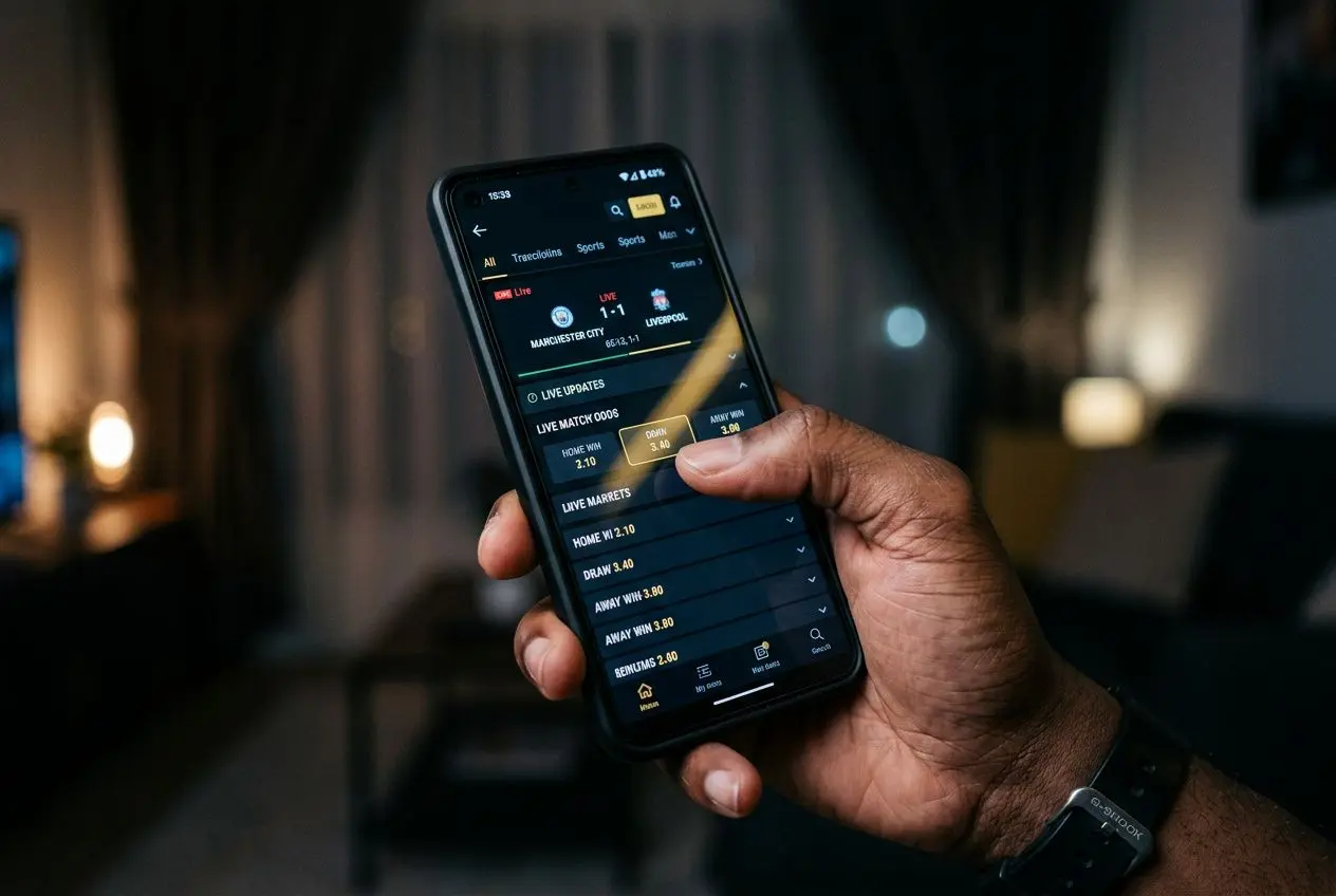 Utilisateur tenant un smartphone affichant une app de paris sportifs en noir et interface lumineuse, dans une ambiance nocturne. intégrer le mot-clé: comment avoir betclic sur i.